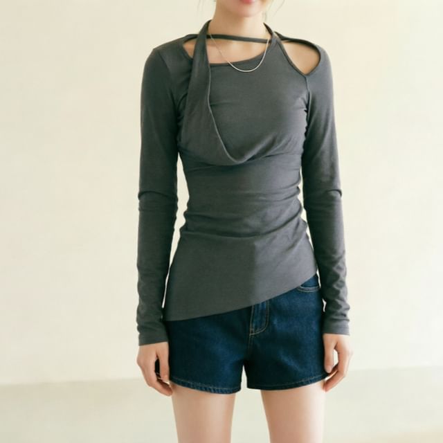 Rosesand-Long-Sleeve Cutout Asymmetrical Plain Top