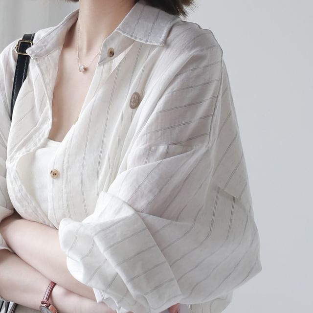 Rosesand-Long-Sleeve Drop-Shoulder Striped Shirt
