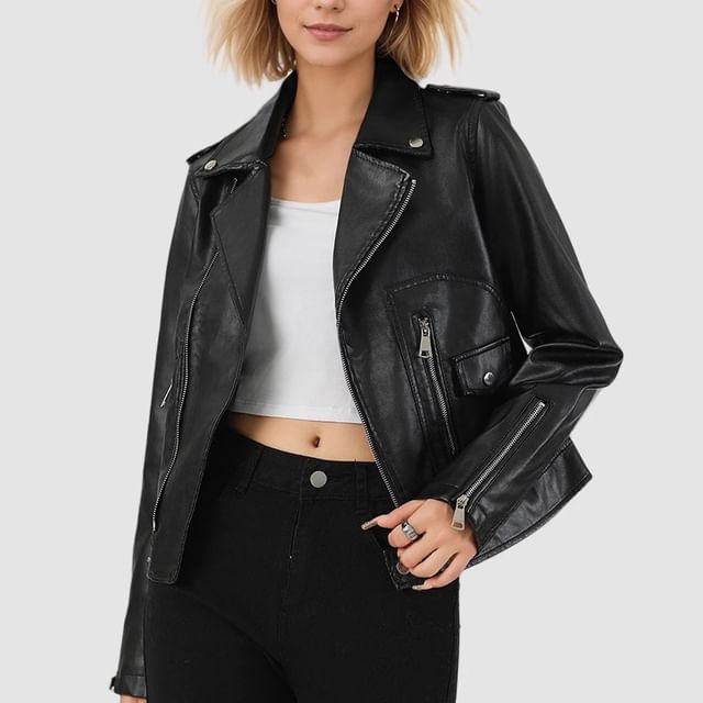 Rosesand-Long Sleeve Faux Leather Zip-Up Jacket