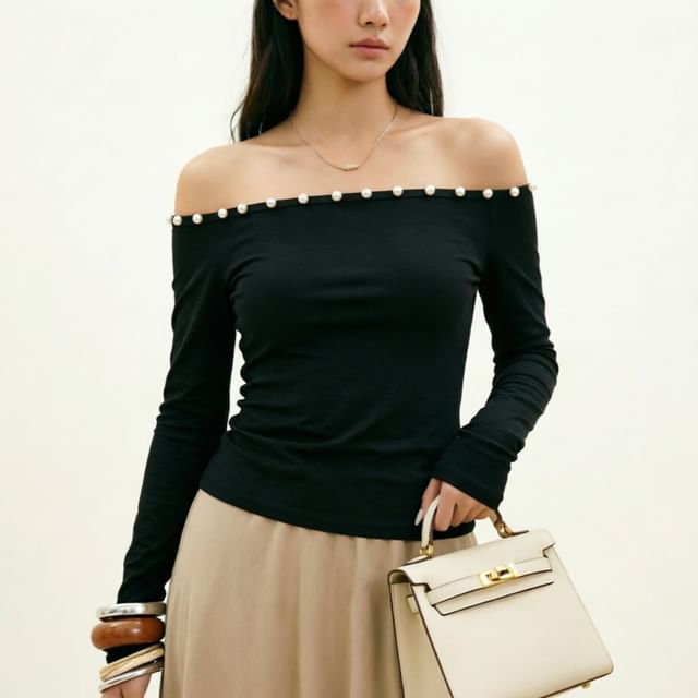 Rosesand-Long-Sleeve Off Shoulder Plain Button Top