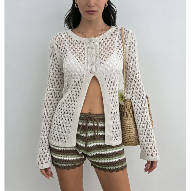 Rosesand-Long Sleeve Plain Half Button Crochet Knit Slit Top