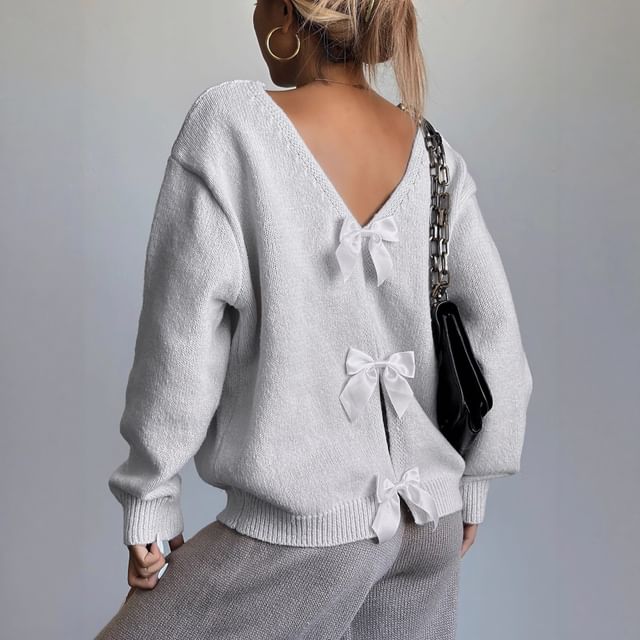 Rosesand-Long Sleeve Plain Loose-Fit Sweater