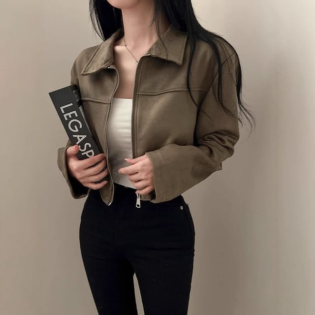 Rosesand-Long Sleeve Plain Suede Cropped Zip-Up Jacket