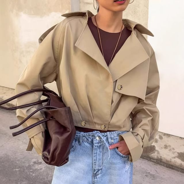 Rosesand-Long Sleeve Plain Trench Jacket