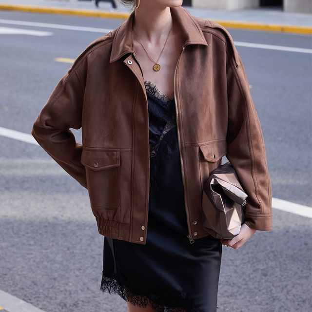 Rosesand-Long Sleeve Suede Loose-Fit Zip-Up Jacket