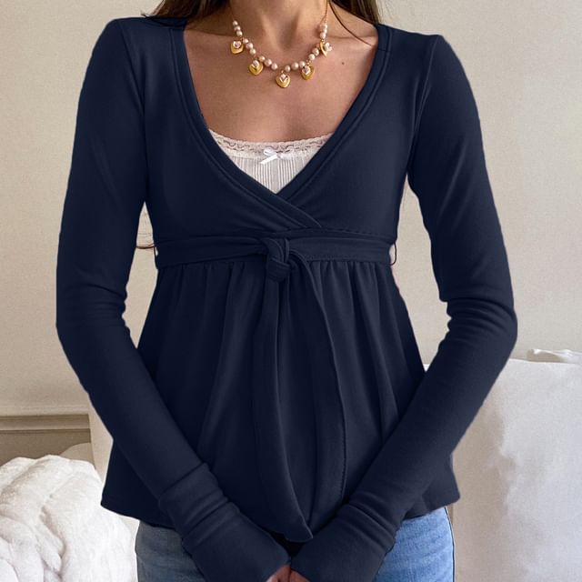 Line Rose Top Rosesand - Long Sleeve V-Neck Lace-Trim A-Line Top | YesStyle