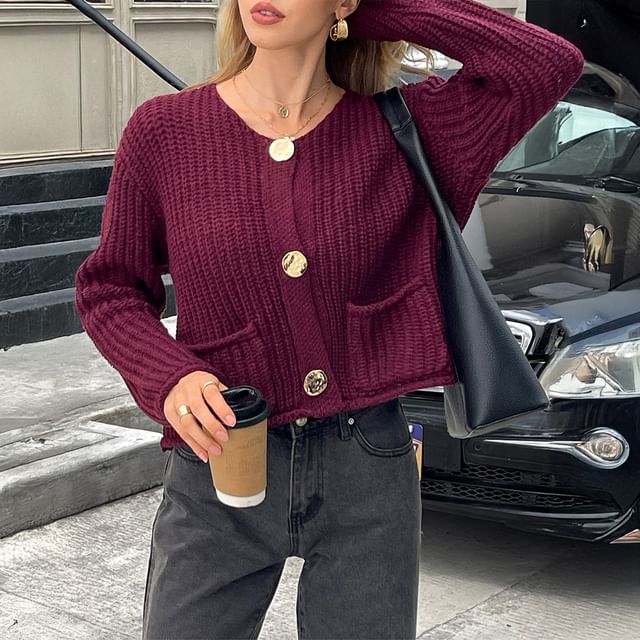 Rosesand-Long Sleeve V-Neck Plain Cardigan
