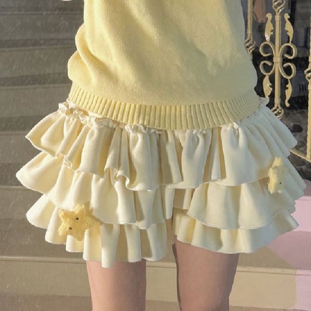 Rosesand-Low Rise Plain Ruffled Layered Mini Skirt