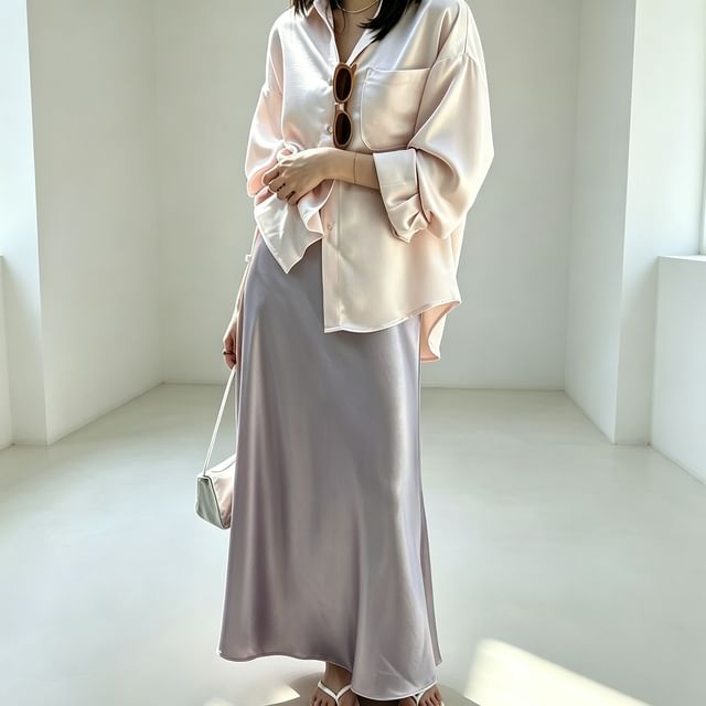 Rosesand-Mid Rise Plain Maxi A-Line Skirt