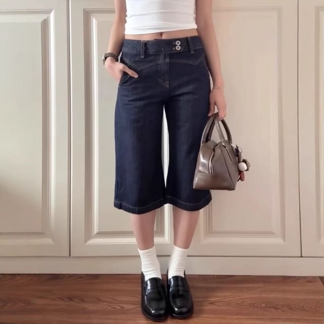 Rosesand-Mid Waist Washed Denim Capri Pants