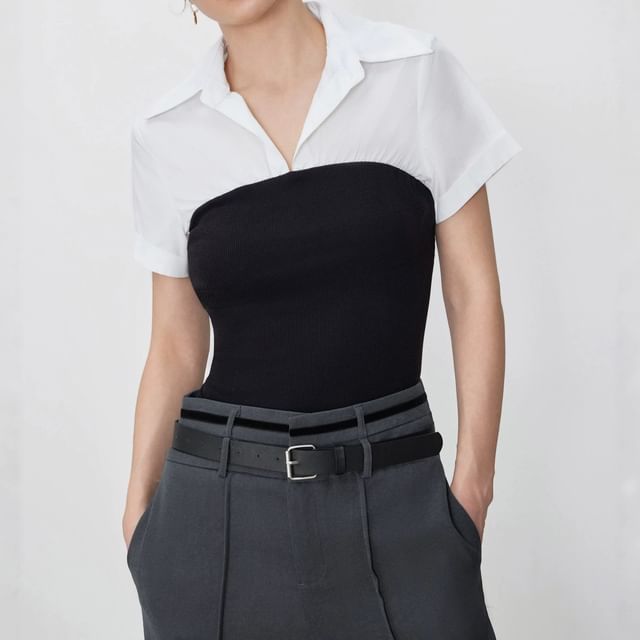 Rosesand-Mock Two-Piece Short-Sleeve Collared Two Tone Top