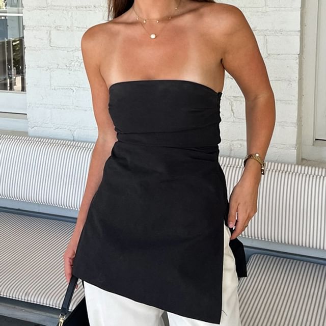 Rosesand-Plain Ruched Slit Tube Top