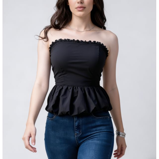 Rosesand-Plain Ruffled-Trim Bubble Hem Tube Top