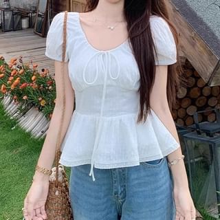 Rosesand-Puff Sleeve Plain Tie-Front Peplum Top