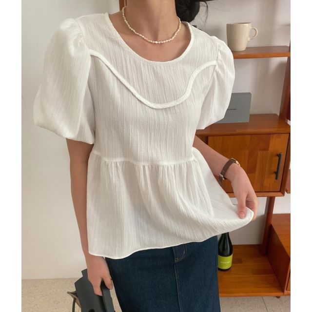 Rosesand-Puff Sleeve Round Neck Plain Peplum Blouse
