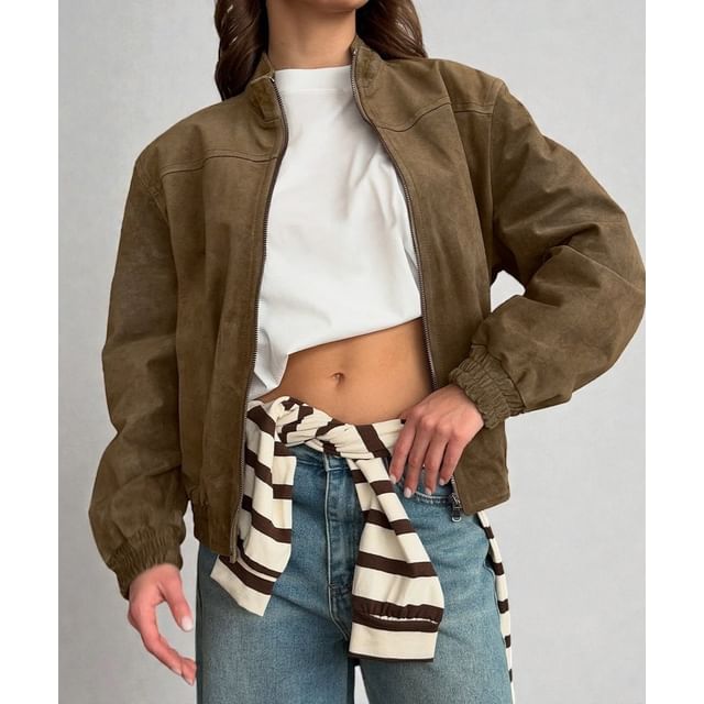 Rosesand-Short Sleeve Plain Suede Barn Jacket
