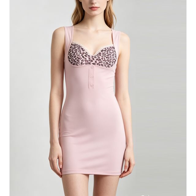 Rosesand-Sleeveless Square-Neck Lace-Trim Leopard Print Panel Mini Bodycon Dress