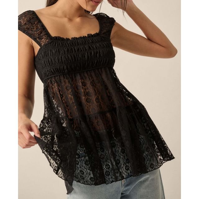 Rosesand-Sleeveless Square-Neck Plain Lace See-Through Top