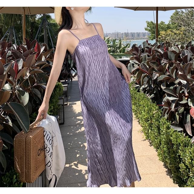 Rosesand-Spaghetti Strap Plain Ruched Maxi Sundress