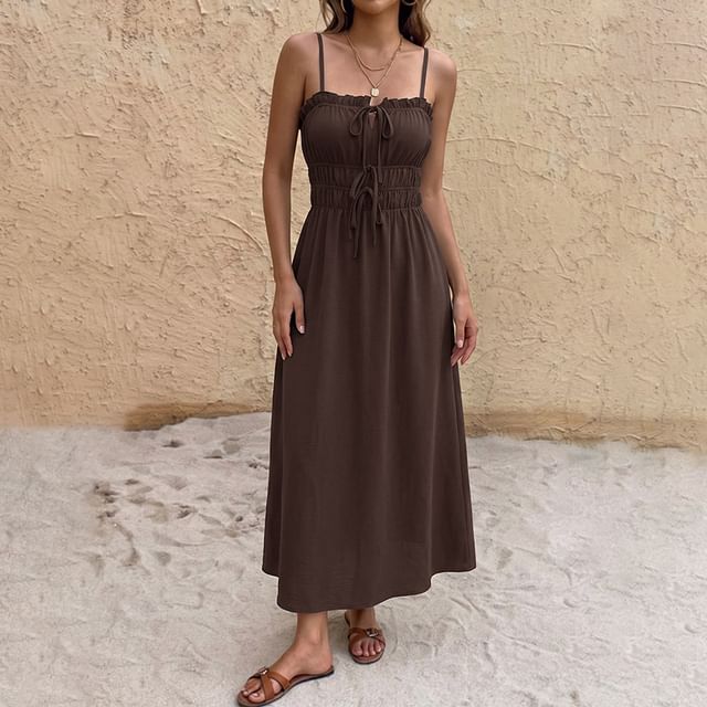 Rosesand-Spaghetti Strap Ruffled-Trim Plain Tie-Front Midi A-Line Dress