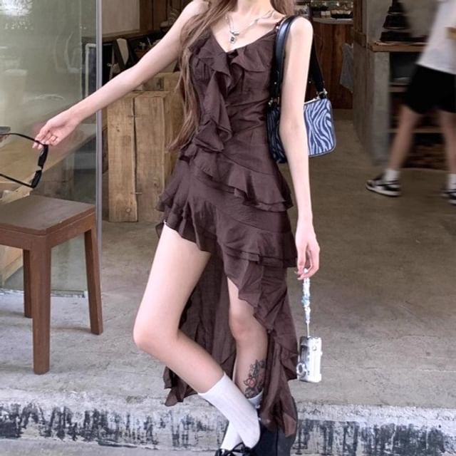 Rosesand-Spaghetti Strap V-Neck Plain Ruffled-Trim Asymmetric Hem Mini Dress