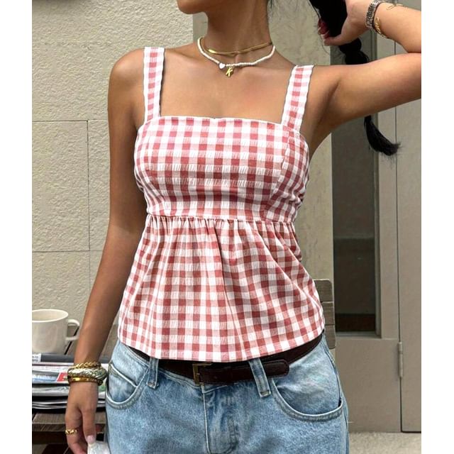 Rosesand-Square-Neck Gingham Peplum Tank Top