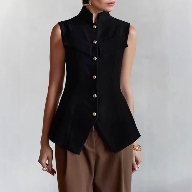 Rosesand-Stand Collar Plain Slim-Fit Vest