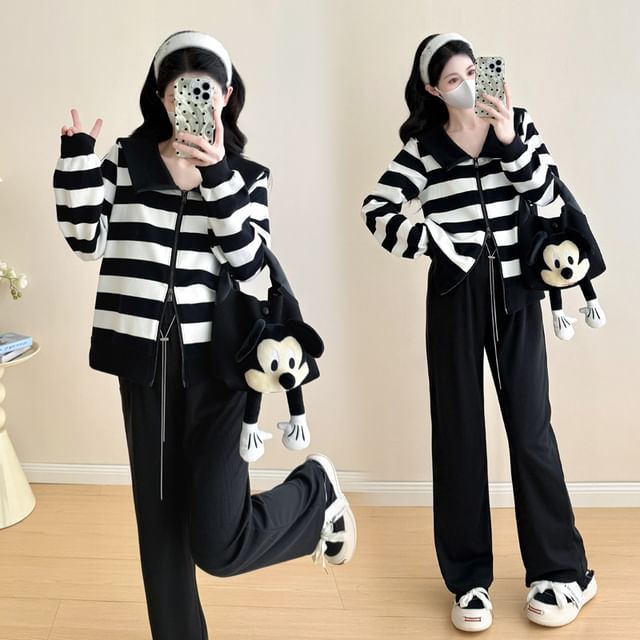 Rosy Street-Maternity Collar Striped Zip Jacket Drawstring Waist Plain Straight Leg Pants Set