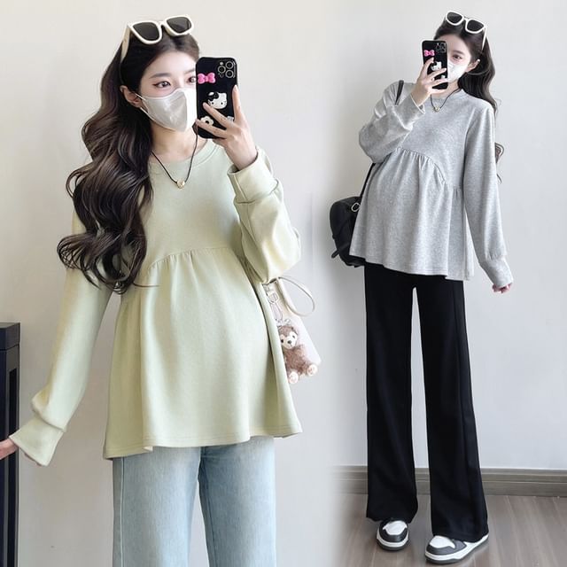 Rosy Street-Maternity Crew Neck Plain Ruched Sweatshirt