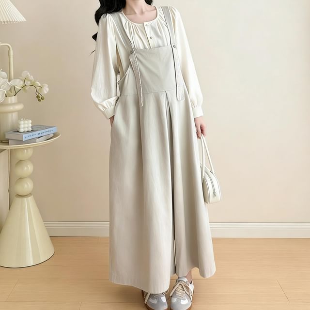 Rosy Street-Maternity Long-Sleeve Crew Neck Button-Up Plain Blouse Cropped Wide Leg Jumper Pants