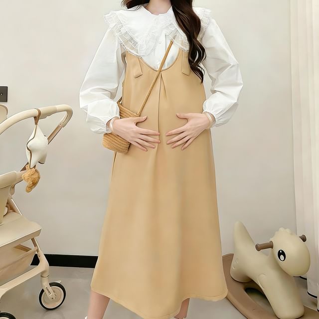 Rosy Street-Maternity Long-Sleeve Peter Pan Collar Lace Panel Button-Up Blouse Plain Midi Overall Dress Set