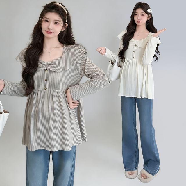 Rosy Street-Maternity Long Sleeve Square Neck Plain Peplum Button Ribbed Top