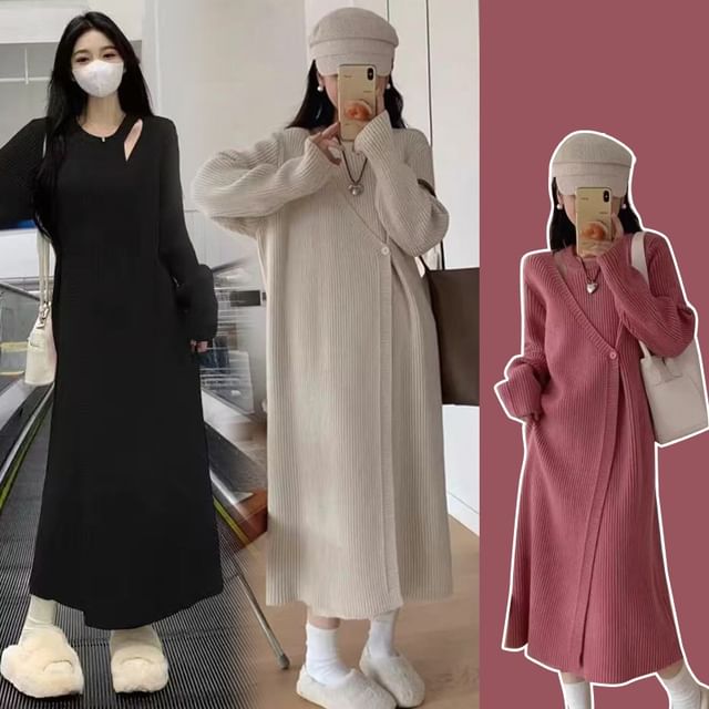 Rosy Street-Maternity Mock Two-Piece Halter Neck Plain Buttoned Midi Sweater Dress