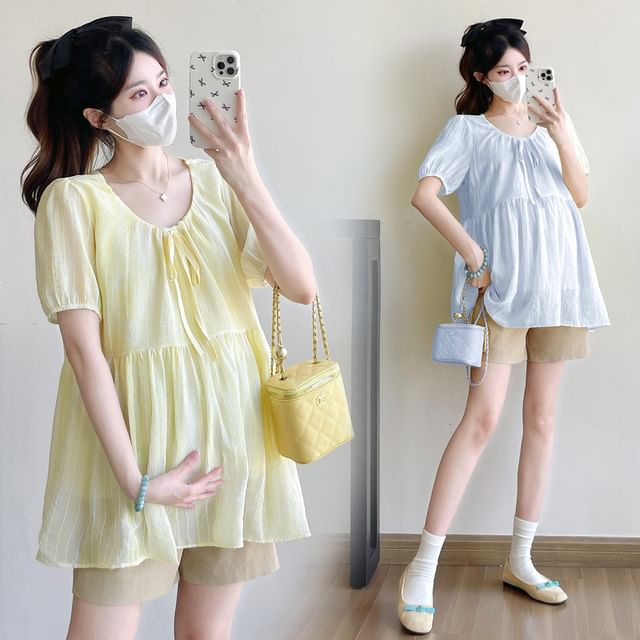 Rosy Street-Maternity Puff-Sleeve Plain Drawstring Blouse