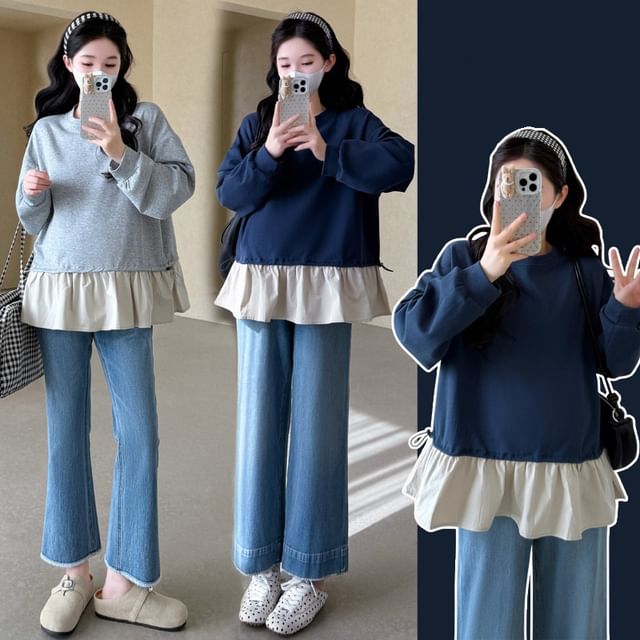 Rosy Street-Maternity Round Neck Two Tone Sweatshirt