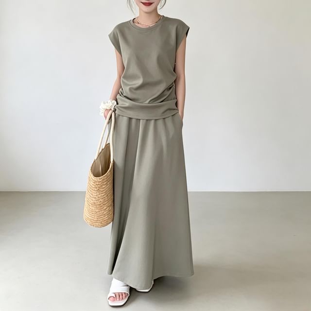 Rosy Street-Maternity Set Sleeveless Round Neck Plain Ruched Top Drawstring Waist Maxi A-Line Skirt