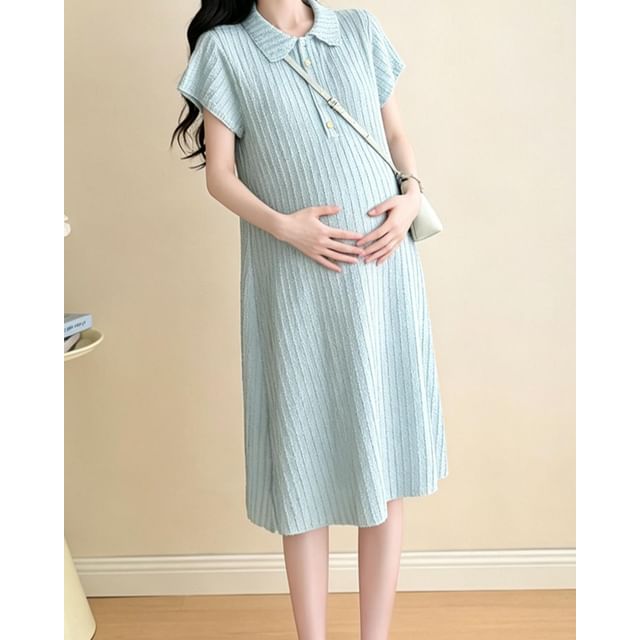 Rosy Street-Maternity Short-Sleeve Collared Half-Buttoned Plain A-Line Dress Various Designs