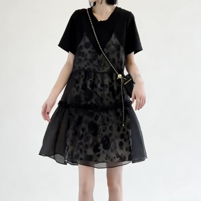Rosy Street-Maternity Short-Sleeve Round Neck Leopard Panel Mini A-Line Dress
