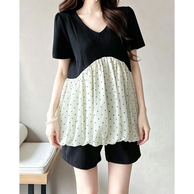 Rosy Street-Maternity Short-Sleeve V-Neck Micro Dot Panel Bubble Hem Nursing Blouse