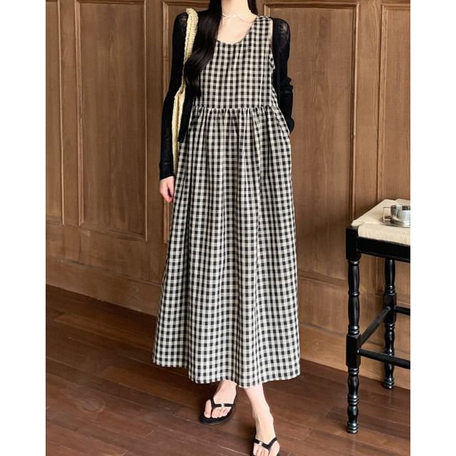 Rosy Street - Maternity Sleeveless Scoop Neck Gingham Midi Tunic Dress /  Plain Sheer Cardigan | YesStyle