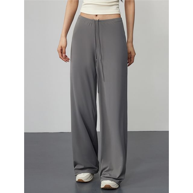 Runyz-Drawstring Waist Plain Wide Leg Sweatpants