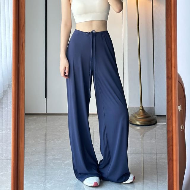 Runyz-Drawstring Waist Plain Wide Leg Yoga Pants