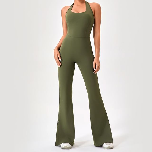 Runyz-Halter Plain Flared Yoga Jumpsuit
