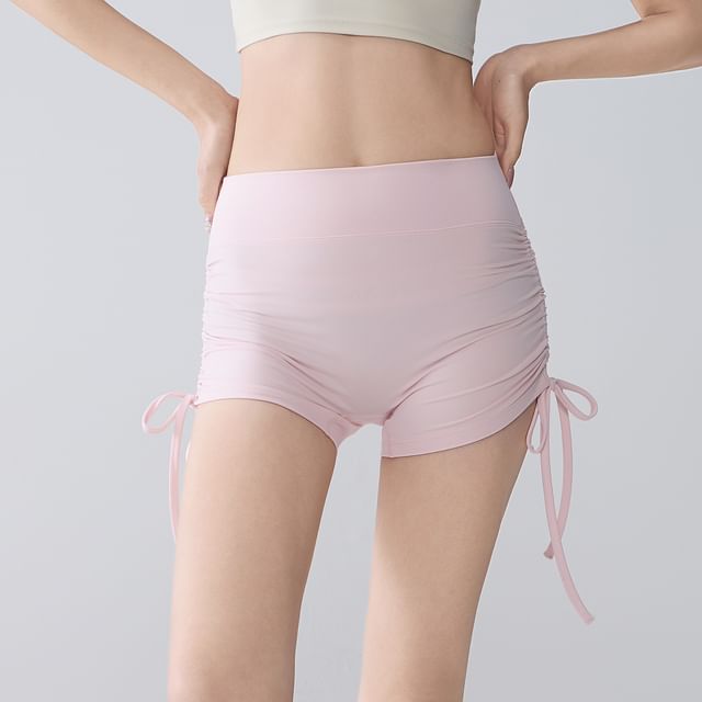 Runyz-High Waist Plain Drawstring Ruched Yoga Shorts