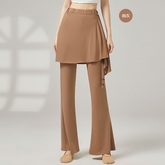 Runyz-High Waist Plain Skirt Overlay Flared Dance Pants