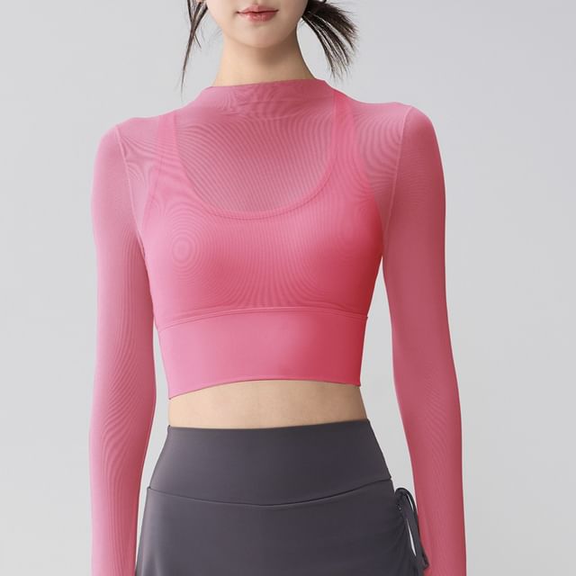 Runyz-Long-Sleeve Mock Neck Plain Crop Top
