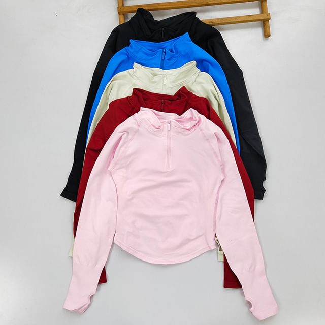 Runyz-Long Sleeve Mock Neck Plain Half Zip Yoga Top