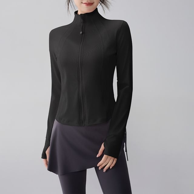 Runyz-Long-Sleeve Mock Neck Zip-Up Plain Top
