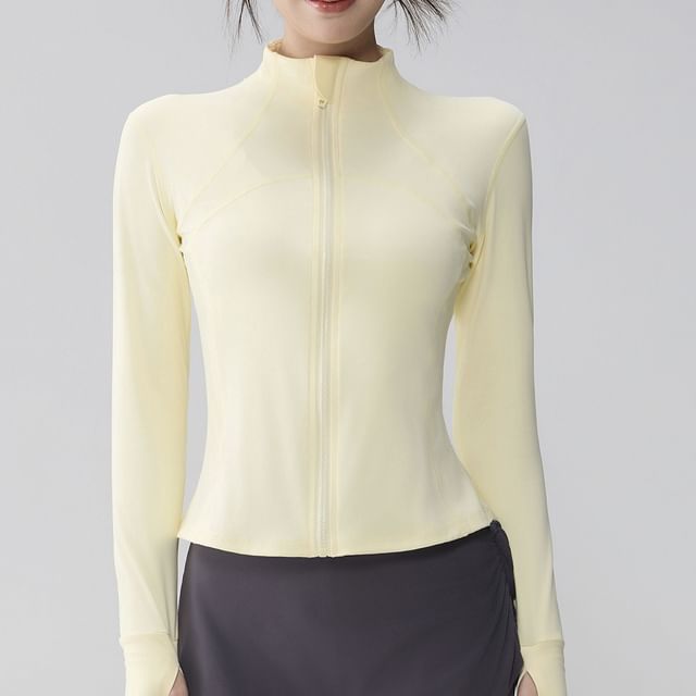 Runyz-Long-Sleeve Mock Neck Zip-Up Plain Top