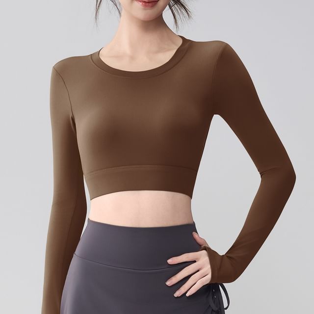 Runyz-Long-Sleeve Open Back Plain Crop Top